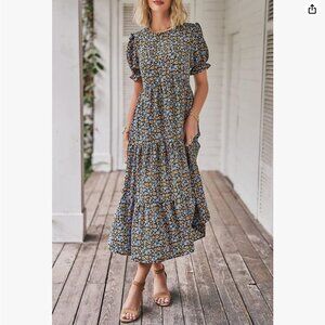 PRETTYGARDEN Women's Summer Casual Floral Midi Dress with Puffed Short Sleeves